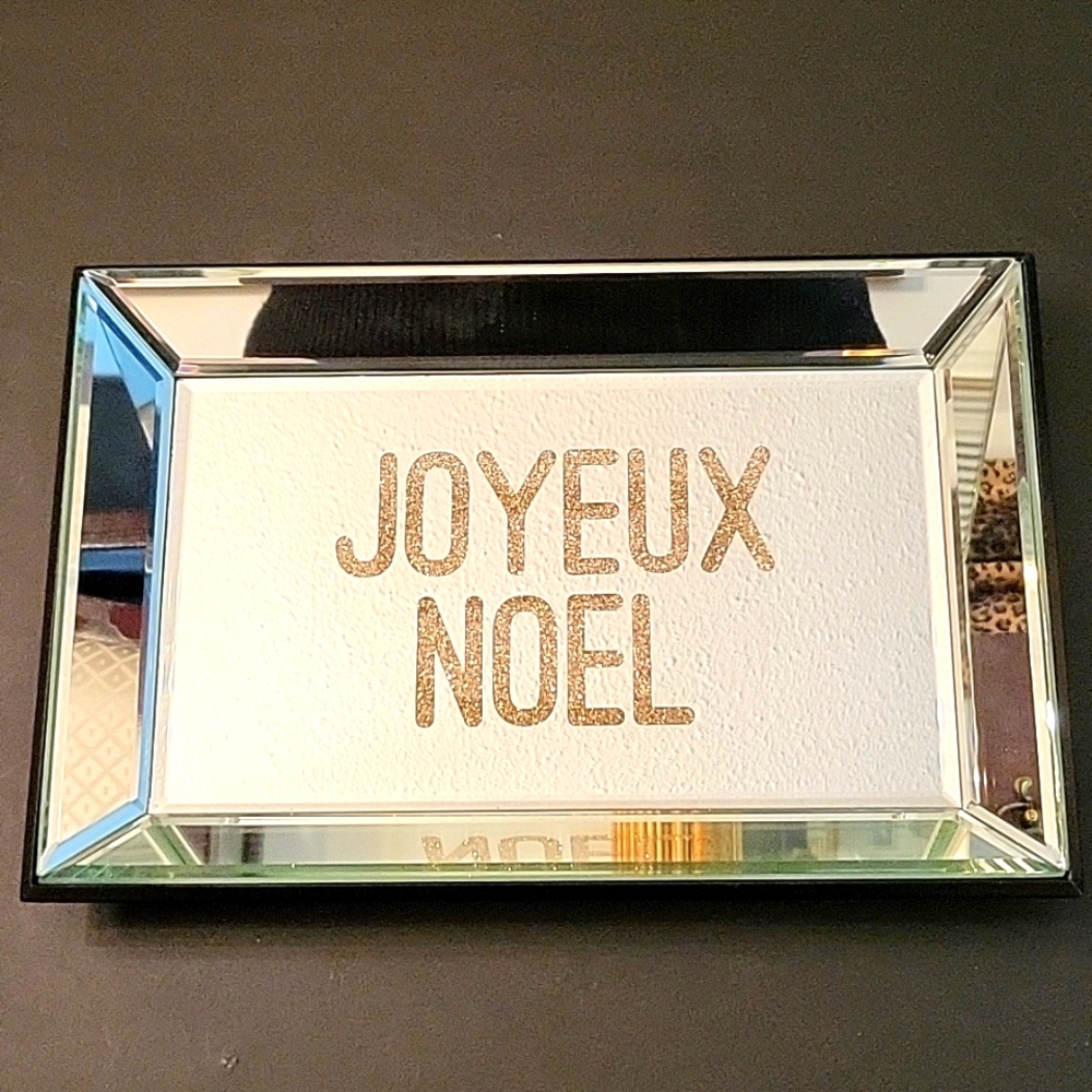 NEW Joyeux Noel Mirrored Glass Tray! Silver Mirror, Gold Glitter
